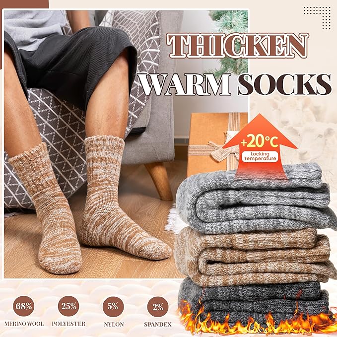 Merino Wool Boot Socks Thermal Winter Ski Thick Warm Hiking Socks for Women Men 3 Pairs