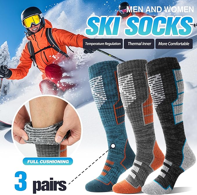 Anlisim 3 Pairs Unisex Merino Wool Ski Thermal Warm Thick Knee High Long Socks