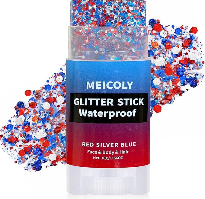 MEICOLY Red White and Blue Face Body Glitter Stick,Hair Glitter Stick for Kids Women,Sparkle Patriotic Pride Chunky Glitter Makeup,4th of July Accessories Outfits for Women