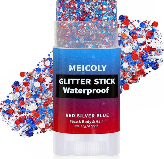 MEICOLY Red White and Blue Face Body Glitter Stick,Hair Glitter Stick for Kids Women,Sparkle Patriotic Pride Chunky Glitter Makeup,4th of July Accessories Outfits for Women