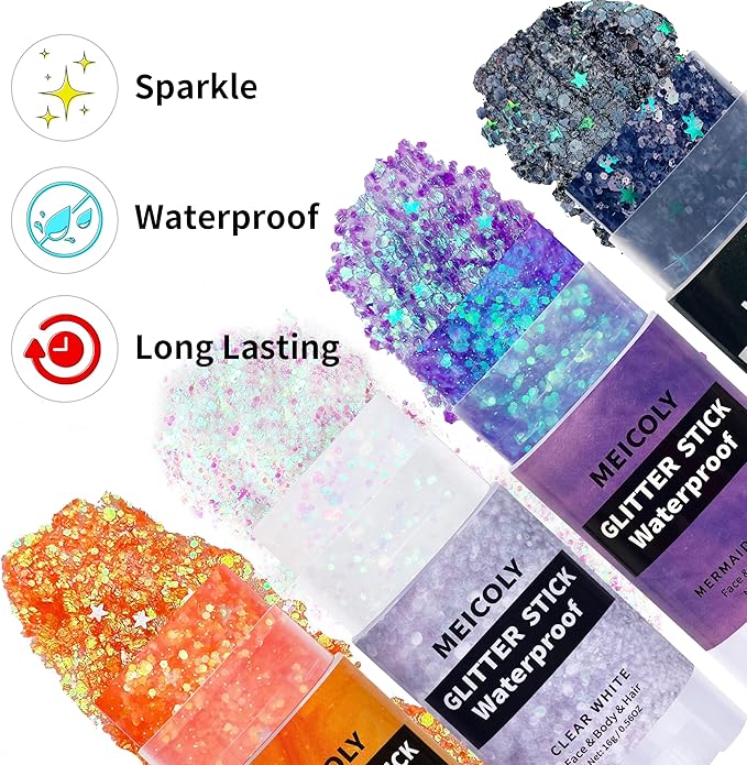 MEICOLY Mermaid Purple Face Body Glitter Stick,Hair Glitter Stick for Kids and Women,Sparkle Chunky Glitter Makeup,Waterproof Face Glitter for Party Rave Festival
