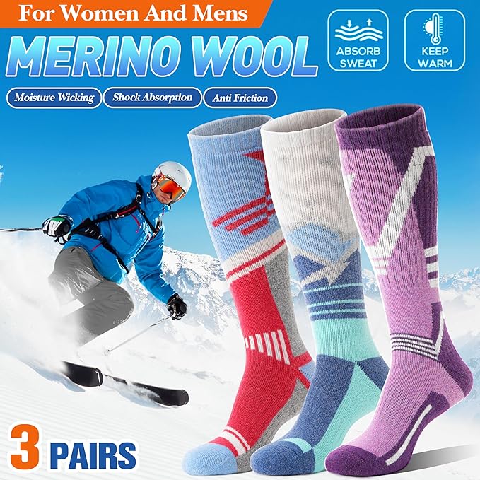 3 Pairs Merino Wool Ski Socks Thermal Warm Winter Thick Knee High Snowboarding Skiing Socks for Women Men
