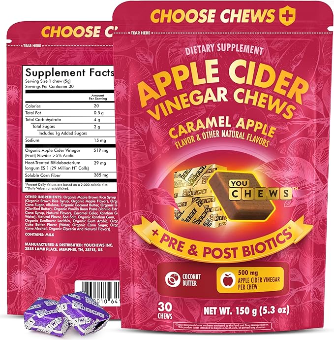 Apple Cider Vinegar Chews Better Than Apple Cider Gummies - Bloating Relief for Women and Men, 500mg Organic ACV with Prebiotics & Postbiotics, Low Sugar, Caramel Flavor, 30 Count