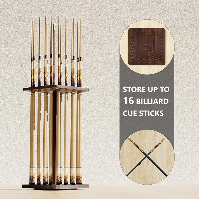 360 Degree Rotating Pool Stick Holder, Pool Cue Holders for Billiard Room, Floor Stand Billiard Cue Rack up to 16 Sticks, Natural Wood Pool Cue Equipment Storage Organizer, Billiard Gifts for Men