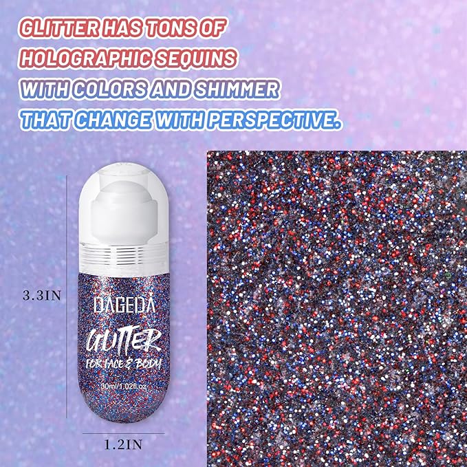 DAGEDA Red White and Blue Body Glitter Gel, Roll-on Face Glitter for USA Pride Day, 4th of July Women Costume Accessories,Patriotic Glitters President's Day, Holographic Festival Makeup