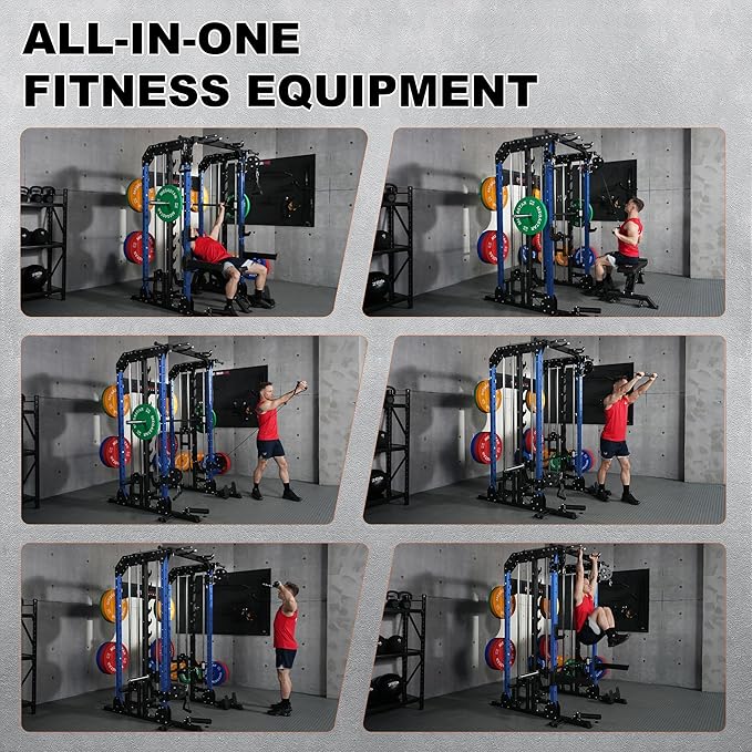 Smith Machine Home Gym with Aluminum Pulley Set- 2000lbs Capacity All-in-One Power Rack with Cable Crossover, Pull-Up Bar & Dip Station, Includes 18 Attachments, P107 Anvil