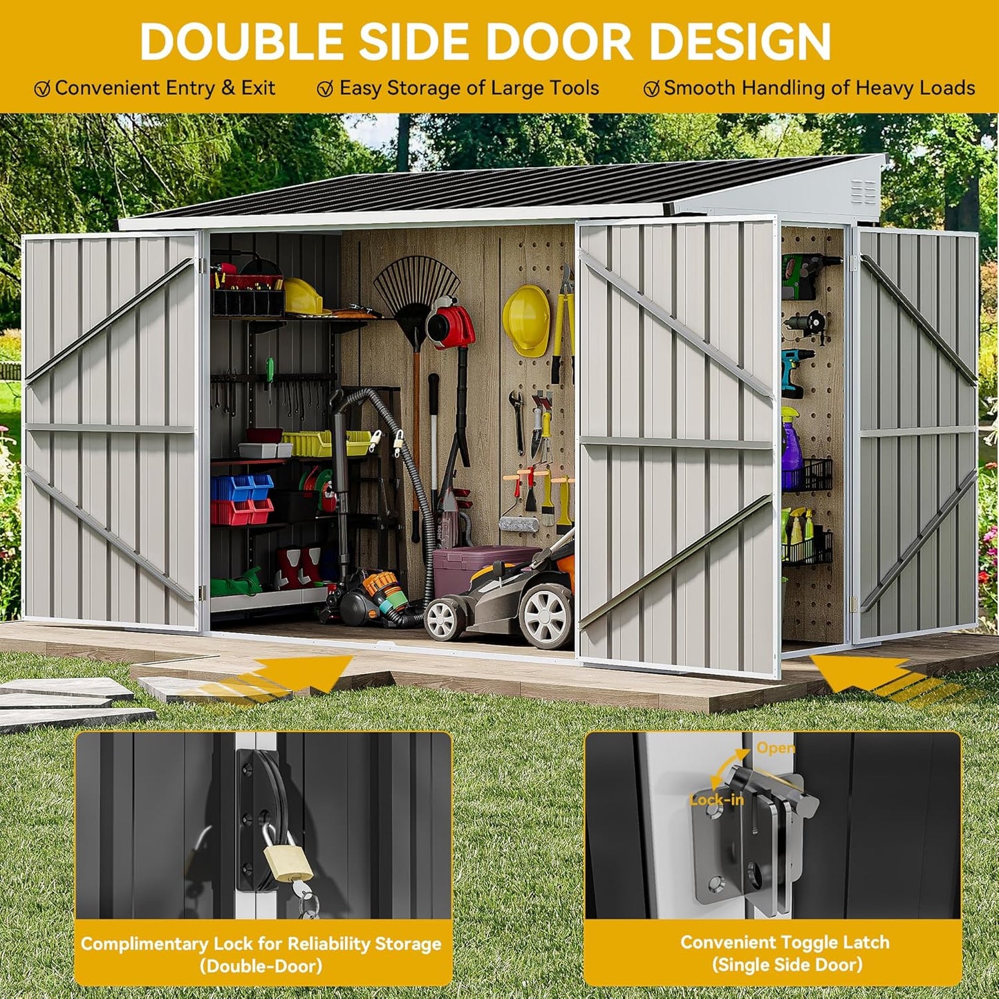 DWVO 8x4 FT Outdoor Weatherproof Storage Shed, Secure Metal Bike Shed w/Lockable Entry, Garden Storage Solution for Lawn Equipment, Tools, Waste Bin, Dark Gray