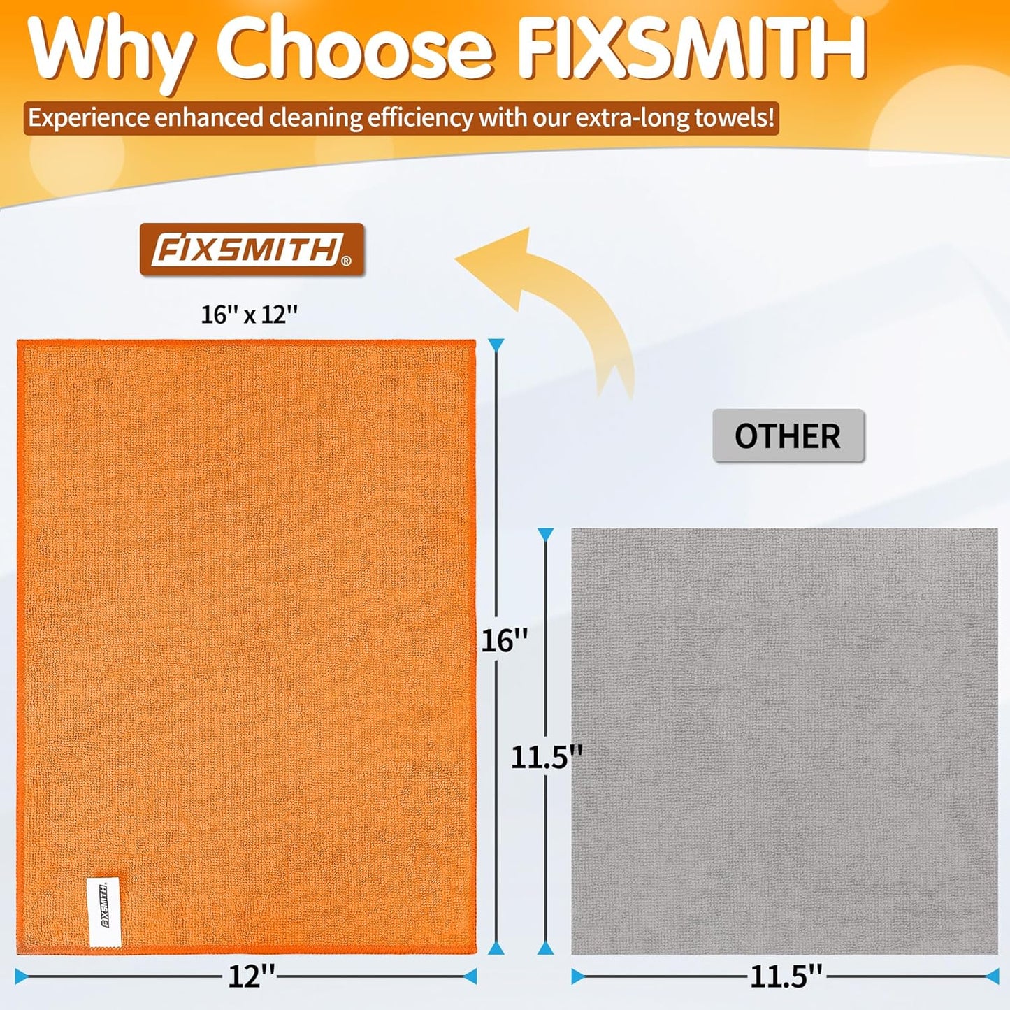 FIXSMITH Microfiber Cleaning Cloth -Pack of 12, Highly Absorbent Cleaning Rags(Grey&Orange), 16"X12" All Purpose Cleaning Towels for Housekeeping, Kitchen, Car, Reusable Microfiber Towels