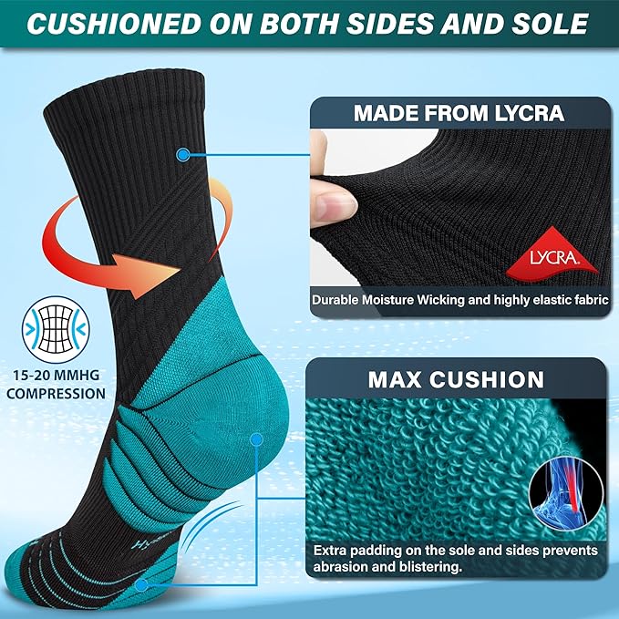 Hylaea Compression Running Socks for men, Coolmax Anti-Blister Cushion Crew Socks for Athletic, Moisture Wicking & Seamless