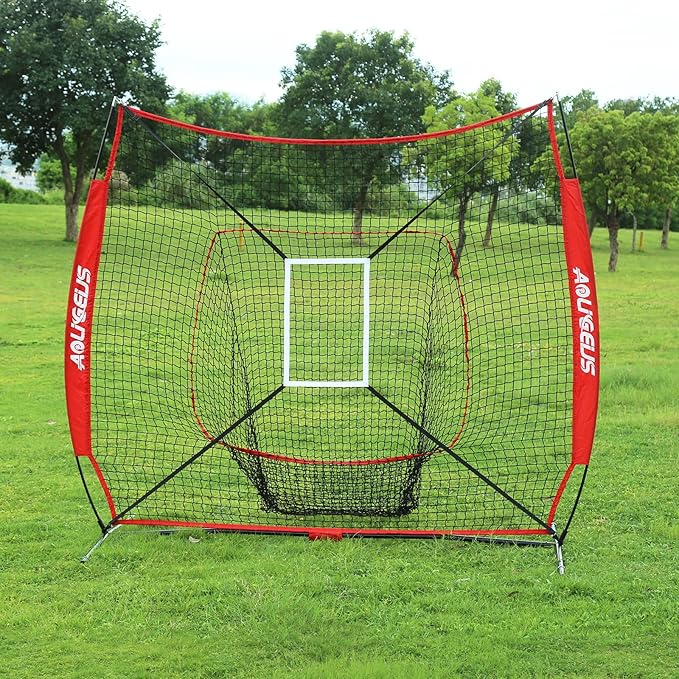 7'X7' Baseball Softball Practice Net,Pitching Net,Batting Net,with Baseball Tee,Bonus Strike Zone and Bow Frame,for Hitting,Pitching, Catching