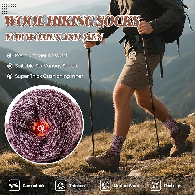 Merino Wool Boot Socks Thermal Winter Ski Thick Warm Hiking Socks for Women Men 3 Pairs