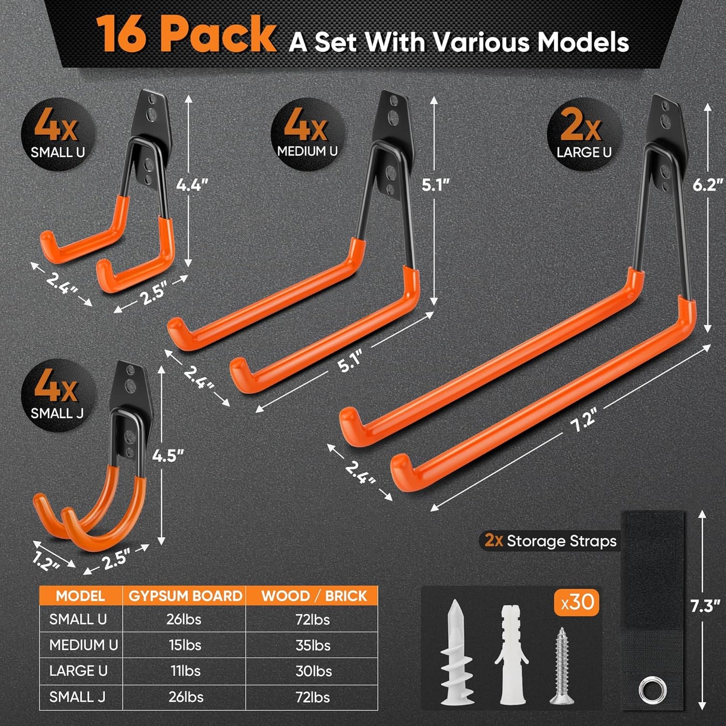 Nacial 16 Pack Garage Hooks Heavy Duty, Utility Steel Garage Storage Hook with 2 Extension Cord Storage Straps, Utility Garage Wall Mount Hooks for Hanging Bike, Ladder and Garden Tools, Orange
