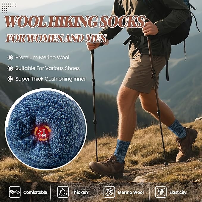 Merino Wool Boot Socks Thermal Winter Ski Thick Warm Hiking Socks for Women Men 3 Pairs