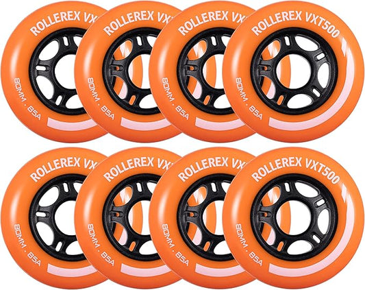 Rollerex VXT500 Inline Skate Wheels (8-Pack) (Various Size & Color Options Available) -Indoor Outdoor- Intended for Roller Blade Wheel Replacement