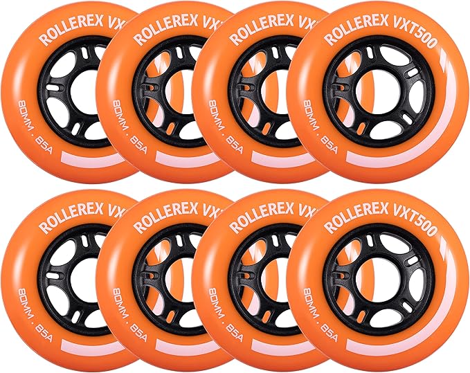 Rollerex VXT500 Inline Skate Wheels (8-Pack) (Various Size & Color Options Available) -Indoor Outdoor- Intended for Roller Blade Wheel Replacement