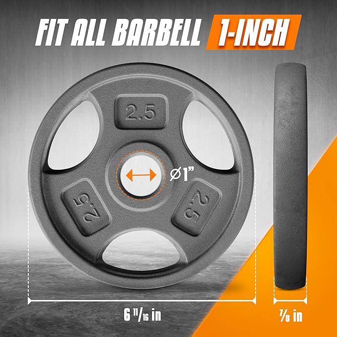 Yes4All Standard 1-Inch Grip Weight Plates, Cast Iron with Multiple Sizes from 2.5 lb to 35 lb for Strength Training, Weightlifting & Muscle Toning