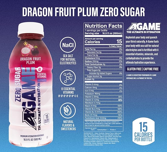 A-GAME Zero Sugar Sports Drink, Dragon Fruit Plum Zero Sugar, The Ultimate Sugar Free Hydration Sports Beverage, 8 Essential Vitamins including B, C, & E plus Sea Salt Electrolytes, All Natural Flavors, Gluten Free & Keto Friendly, 16.9 Fl Oz (Pack of 12)