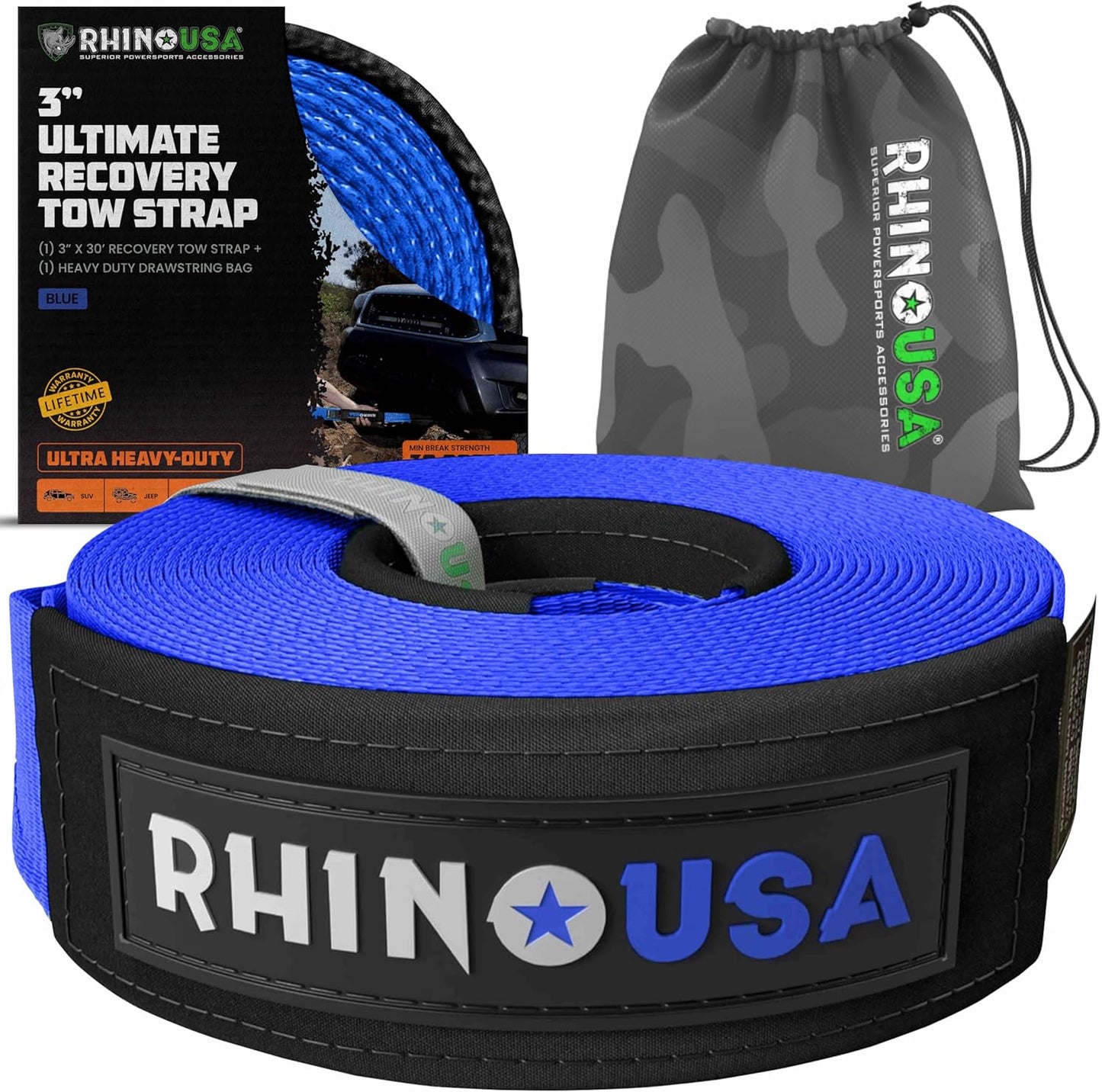 Rhino USA Recovery Tow Strap (3"x30') - 31,518lb Break Strength- Emergency Recovery Strap Tow Rope for Truck, UTV, ATV & More- Heavy Duty Towing Strap for Offroad 4x4 Use - Compatible with Jeep (Blue)