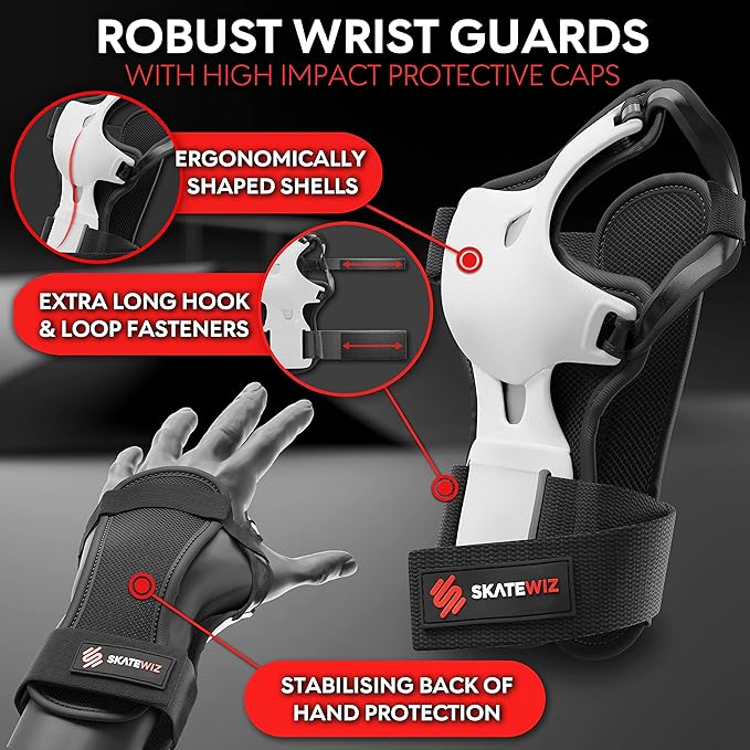 SKATEWIZ Skating Protective Gear Adults & Kids [6pc] incl. Knee Pads, Elbow Pads Wrist Guards for Roller Skating & Skateboarding