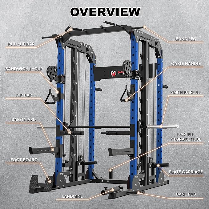 Smith Machine Home Gym with Aluminum Pulley Set- 2000lbs Capacity All-in-One Power Rack with Cable Crossover, Pull-Up Bar & Dip Station, Includes 18 Attachments, P107 Anvil
