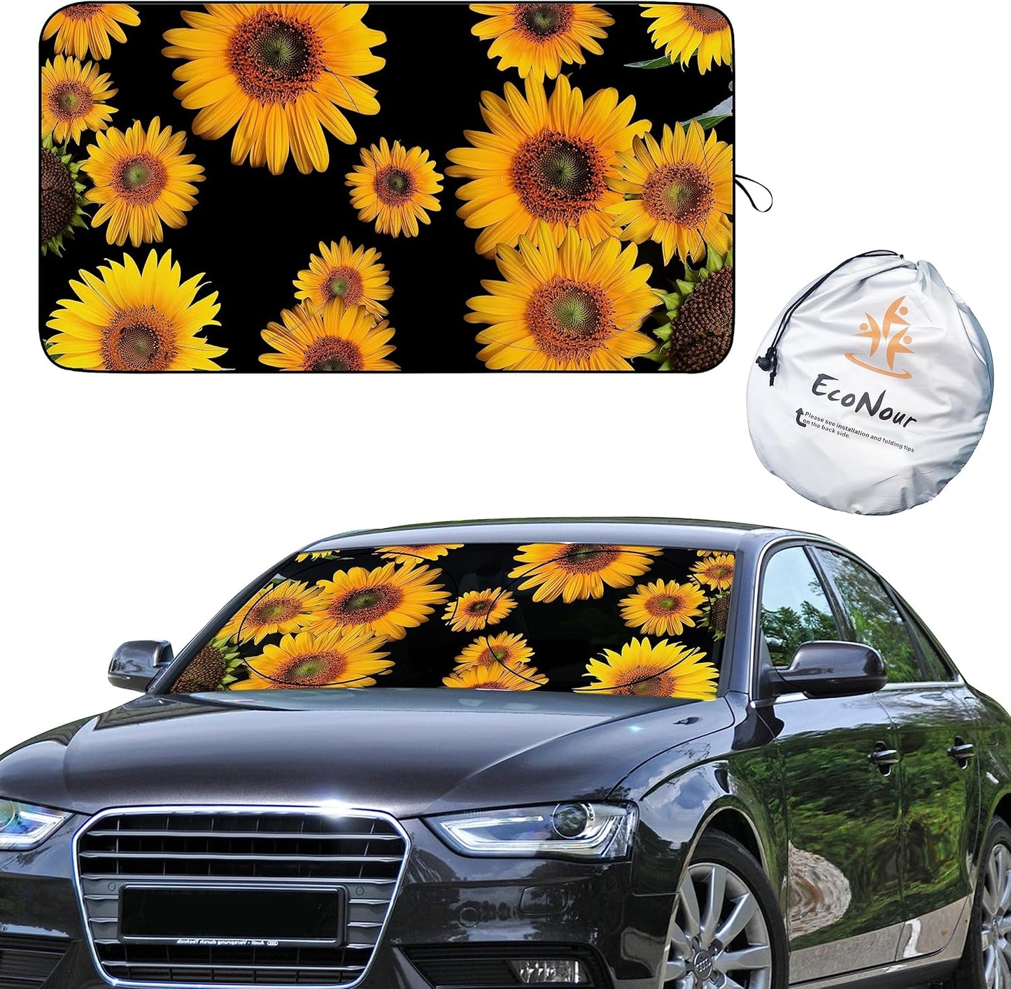 EcoNour Car Windshield Sun Shade with Pouch Bag (Sunflower) | Front Window Sun Protector for UV Rays | Car Interior Accessories Fits Small Sedans, Mini SUVs & Hatchbacks | Medium (64"x 32")