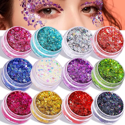 Teenitor Face Glitter Makeup Glitter, 12 Colors Face and Body Glitter Gel for Festival Makeup, Gel Hair Glitter for Face, Body, Hair, Total 120g/4.23oz