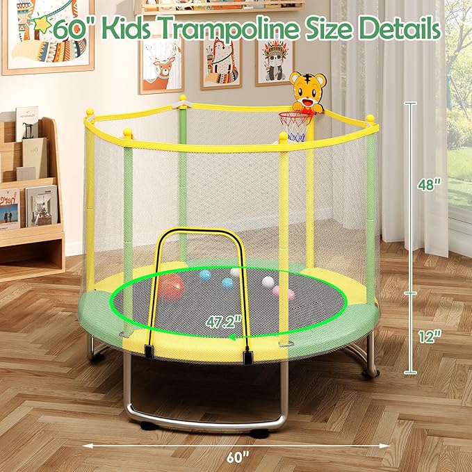 Kids Trampoline with Safety Net – 440lbs Capacity, Upgraded Rust-Proof Ring Legs, Adjustable Gymnastics Bar & Toys – Indoor Outdoor Toddler Trampoline for Boys & Girls Ages 1-8