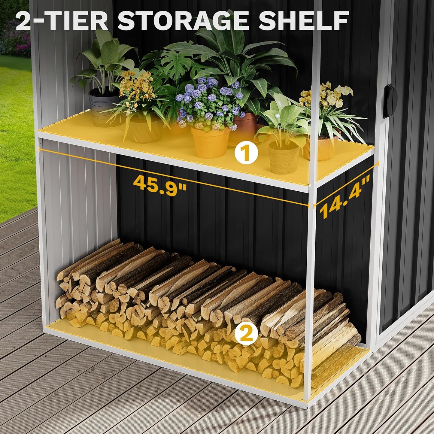 DWVO 8 x 4 ft Outdoor Storage Shed with 2-Tier Shelf, Metal Tool Shed & Garden Storage Cabinet for Backyard, Patio, Equipment & Bike, Dark Gray