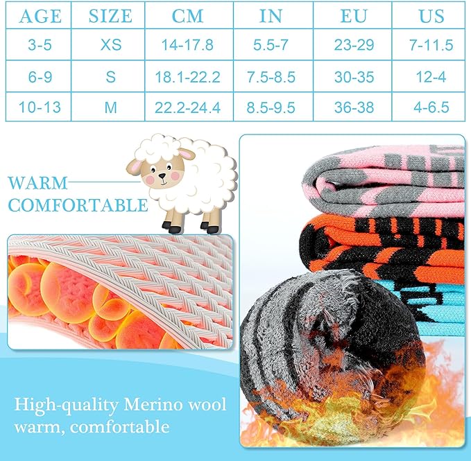 Warm Kids Ski Socks - 2 Pairs Merino Wool Skiing Socks, Winter Warm Snowboard Thermal Socks For Boys Girls Toddlers
