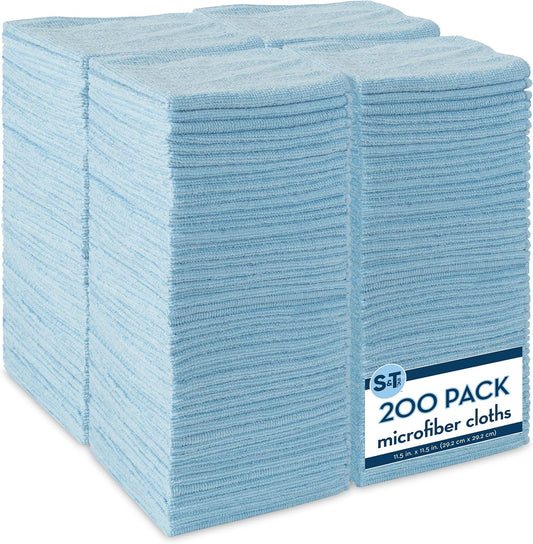 S&T INC. 200 Pack Microfiber Cleaning Cloth, Bulk Towels for Home, Reusable Microfiber Towels for Cars, Cleaning Rags, Light Blue, 11.5 Inches x 11.5 Inches, 200 Count