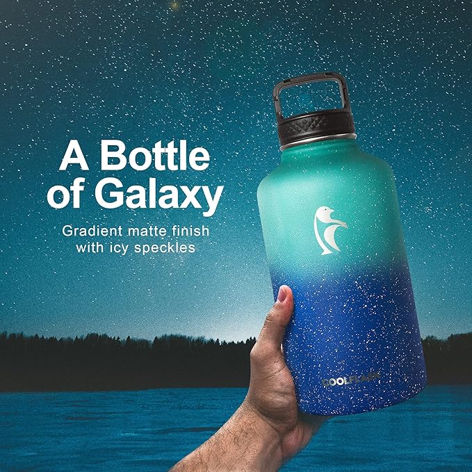 64 oz Water Bottle Insulated with Straw&3 Lids, Coolflask Half Gallon Water Jug Galaxy Large Metal Stainless Steel Vacuum Flask for Gym, Sports, Keep Cold 48H Hot 24H, Glacier Blue