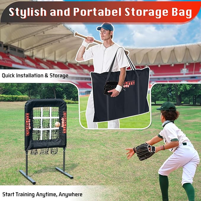Heavy-Duty 9 Hole Pitching Net with Strike Zone, Baseball/Softball Pitching Target, Portable Height-Adjustable Pitcher Training Equipment, Includes 4 Ground Stakes and 2 Sandbags