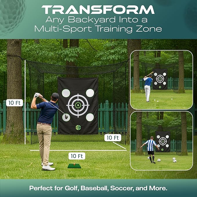 GrdnCare Golf Hitting Net 10x10x10ft – Golf Practice Net with Silent Target Tarp, Mat & Tee with Carry Bag (No Metal Frame) – Indoor Practice for Backyard or Garage & Outdoors