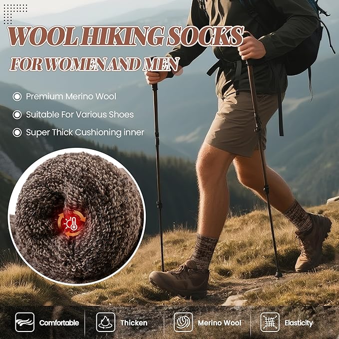 Merino Wool Boot Socks Thermal Winter Ski Thick Warm Hiking Socks for Women Men 3 Pairs