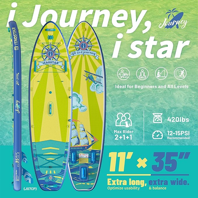 Journey 11'6" / 11'×34" / 11'×35" Extra Wide Paddle Board, One-Stop Premium SUP Board Accessories, Tailored Fins, Stable Inflatable Stand Up Paddle Boards for Youth/Adults of All Skill Levels