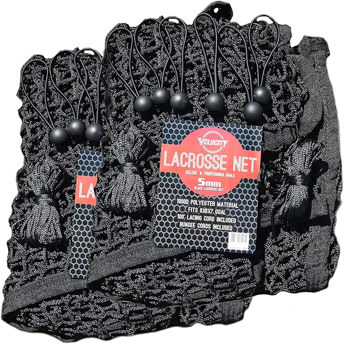 Velocity Heavy Duty Black & White Lacrosse Net - Fits 6’x6’x7’ Goals - Weatherproof, UV Resistant 1000D High-Strength Polyester - Comes with 100+ Feet of Lacing Cord and 4 Quick Ties