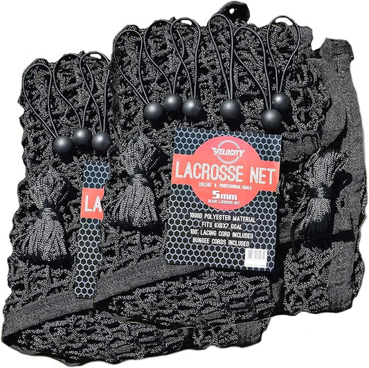 Velocity Heavy Duty Black & White Lacrosse Net - Fits 6’x6’x7’ Goals - Weatherproof, UV Resistant 1000D High-Strength Polyester - Comes with 100+ Feet of Lacing Cord and 4 Quick Ties