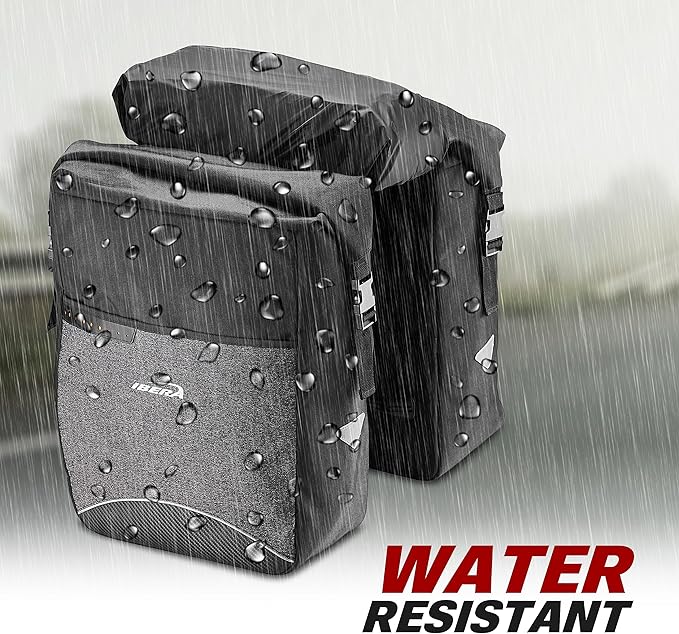 Ibera Bike Bag MIK Panniers 52.7L for Ebikes - Clip-On bike Bags For Bicycles with Built-in Battery Holder & Rain Cover - Water-Resistant Bike Rack Bag with Reflective Trim - ONLY FOR MIK RACKS