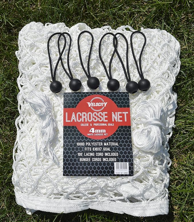 Velocity Heavy Duty Black & White Lacrosse Net - Fits 6’x6’x7’ Goals - Weatherproof, UV Resistant 1000D High-Strength Polyester - Comes with 100+ Feet of Lacing Cord and 4 Quick Ties