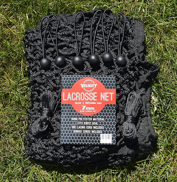 Velocity Heavy Duty Black & White Lacrosse Net - Fits 6’x6’x7’ Goals - Weatherproof, UV Resistant 1000D High-Strength Polyester - Comes with 100+ Feet of Lacing Cord and 4 Quick Ties
