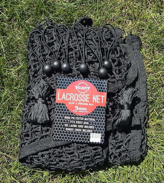 Velocity Heavy Duty Black & White Lacrosse Net - Fits 6’x6’x7’ Goals - Weatherproof, UV Resistant 1000D High-Strength Polyester - Comes with 100+ Feet of Lacing Cord and 4 Quick Ties