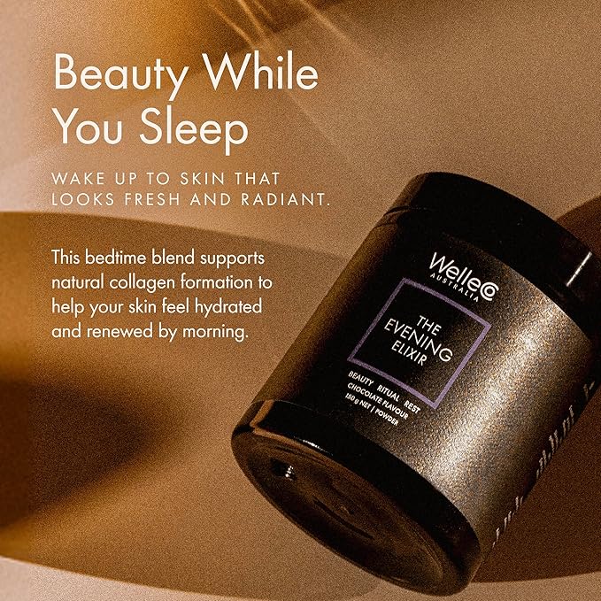 WelleCo The Evening Elixir Skin Care Vitamin C Hot Chocolate Beauty Drink Mix with Niacin, Lemon Balm, and Magnesium for Sleep, Collagen Formation, Gluten Free, Vegan, Dairy Free, 150g (5.3oz) Jar