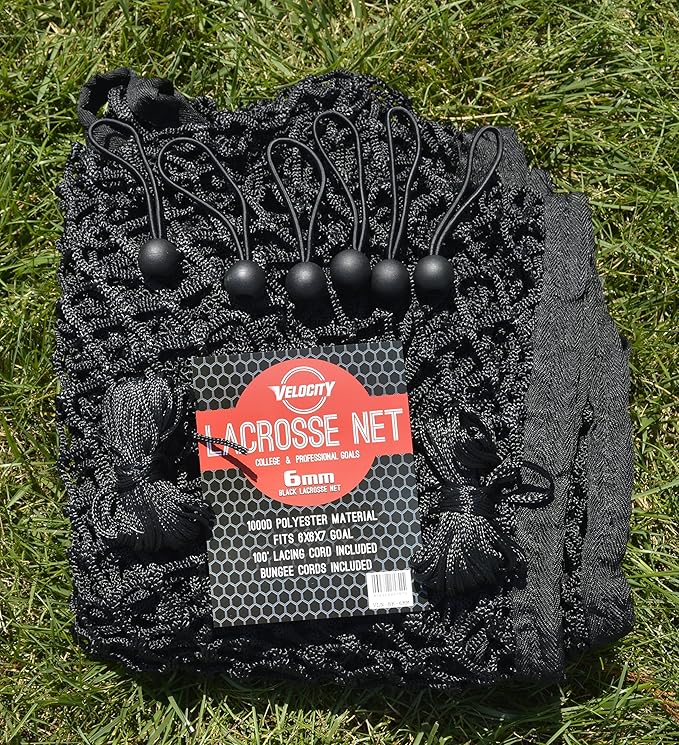 Velocity Heavy Duty Black & White Lacrosse Net - Fits 6’x6’x7’ Goals - Weatherproof, UV Resistant 1000D High-Strength Polyester - Comes with 100+ Feet of Lacing Cord and 4 Quick Ties