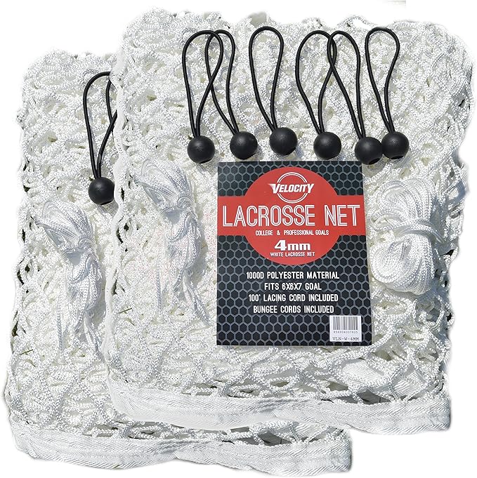 Velocity Heavy Duty Black & White Lacrosse Net - Fits 6’x6’x7’ Goals - Weatherproof, UV Resistant 1000D High-Strength Polyester - Comes with 100+ Feet of Lacing Cord and 4 Quick Ties
